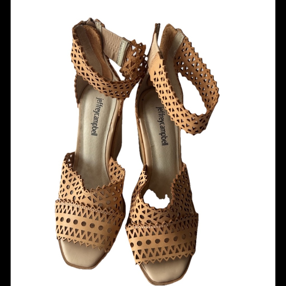 Jeffrey Campbell Women's Tan Laser-Cut Ankle Strap Sandals